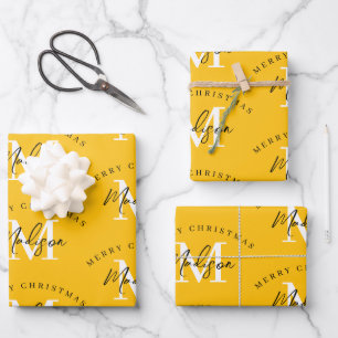 Personalized Merry Christmas Yellow Monogram Wrapping Paper Sheet