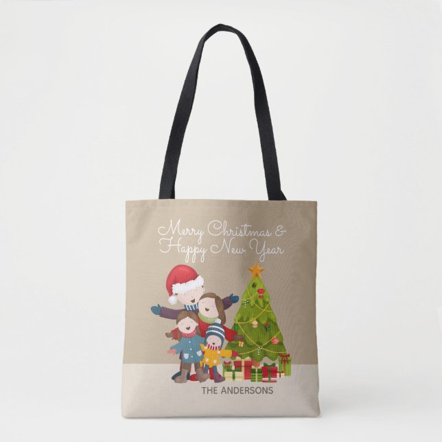Personalized Merry Family Christmas Tote Bag (Front)