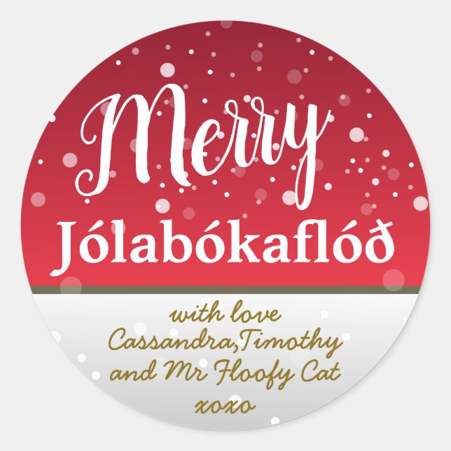 Personalized Merry Jólabókaflóð Red Family Classic Round Sticker (Front)