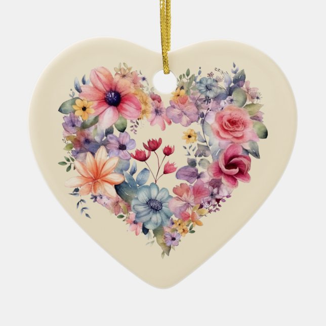 Personalized Message Colourful Floral Heart Gift  Ceramic Ornament (Front)