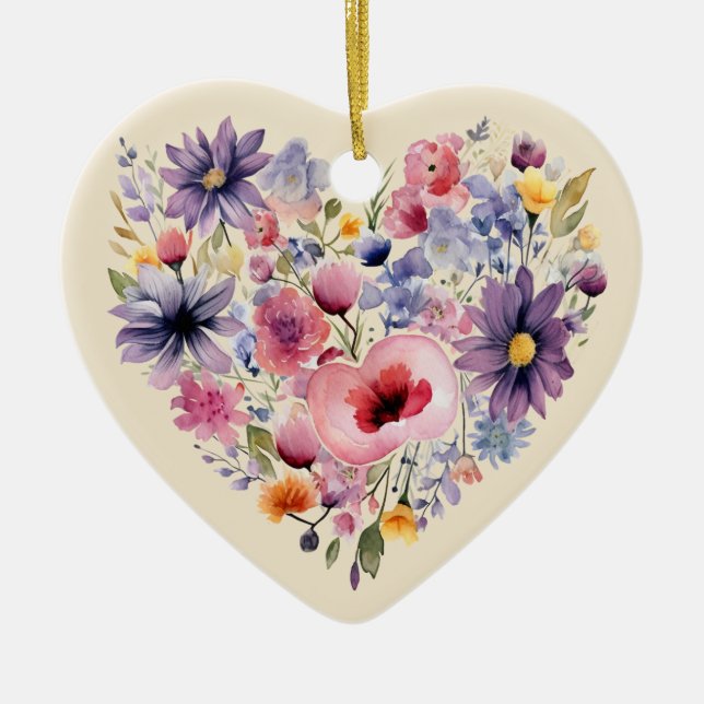 Personalized Message Colourful Floral Heart Gift  Ceramic Ornament (Front)