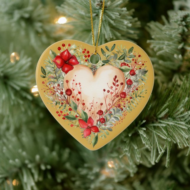 Personalized Message Colourful "Gold" Floral Heart Ceramic Ornament (Tree)
