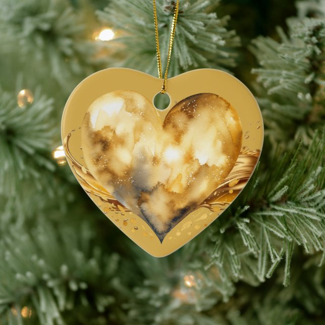 Personalized Message Colourful "Gold" Heart Gift  Ceramic Ornament (Tree)