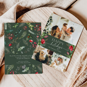 Personalized Message Forest Green Foliage 3 Photo Holiday Card