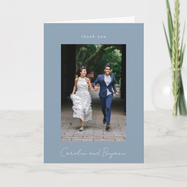 Personalized Message Photo Wedding Dusty Blue Thank You Card (Front)