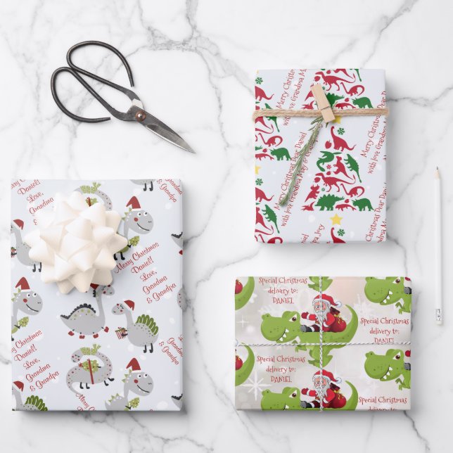 Personalized message template dinosaur Christmas Wrapping Paper Sheet (Front)