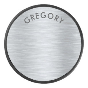 Personalized metallic grey texture monogram hockey puck