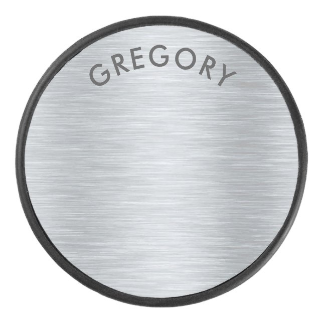 Personalized metallic grey texture monogram hockey puck (Front)