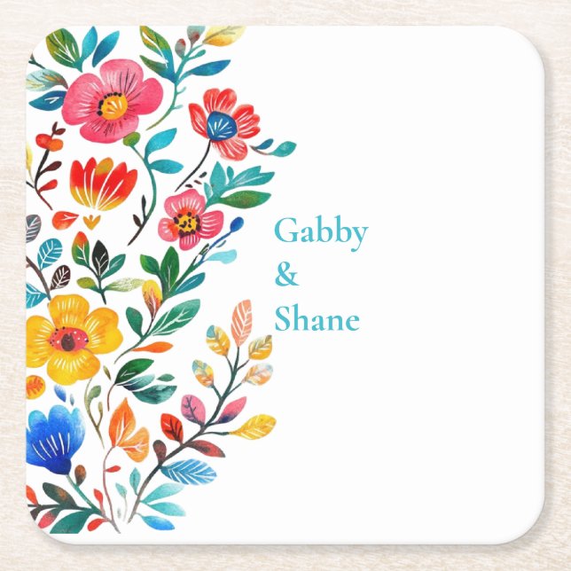 Personalized Mexican Floral  Square Paper Coaster (Front)