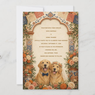 Personalized Mexican Folk Art Golden Retriever Wed Invitation