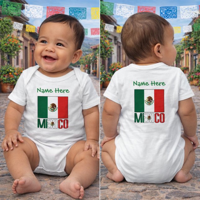 Personalized Mexico Flag Name Design Baby Bodysuit (Personalized baby bodysuit Mexican Flag and MEXIXO flag colors. Green name above. Design both sides.)