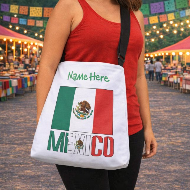Personalized Mexico Flag Name Design Crossbody Bag (White crossbody bag with green Name and Mexico flag design, worn with black strap.)