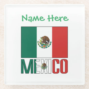 Personalized Mexico Flag Name Design Glass Coaster