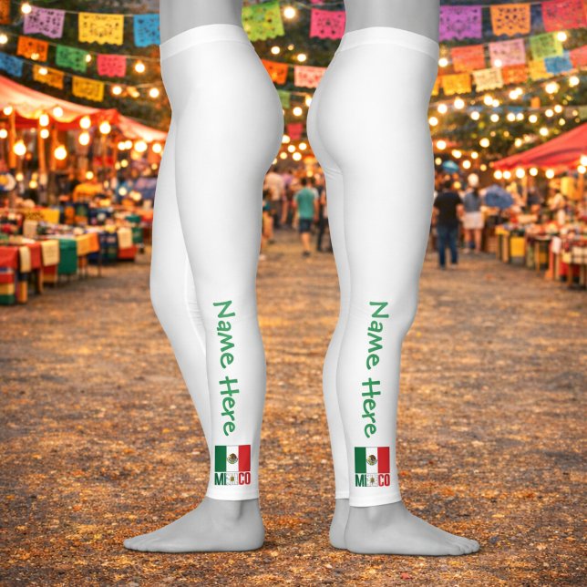 Personalized Mexico Flag Name Design Leggings (White leggings with vertical Name and Mexico flag design on both sides, festive background.)