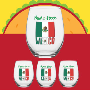Personalized Mexico Flag Stemless Wine Glass