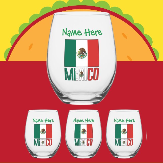 Personalized Mexico Flag Stemless Wine Glass (Creator Uploaded)