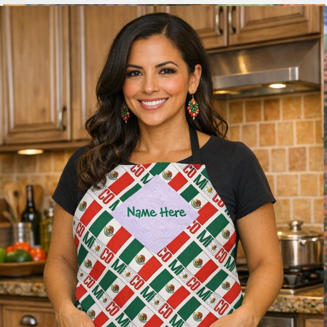 Personalized Mexico Tiled All Over Print  Apron (Personalized apron shows tiled Mexican Flag and MEXICO. Space for a name on the White fractal.)