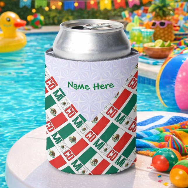 Personalized Mexico Tiled Flag Can Cooler (Personalized can cozie with tiled Mexican Flag and MEXICO. Put name inside white fractal.)