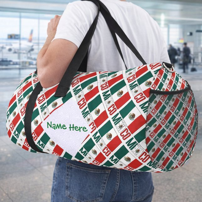 Personalized Mexico Tiled Flag Travel  Duffle Bag (Personalized duffel bag has tiled Mexican Flag and MEXICO in flag colors. White fractal for name.)