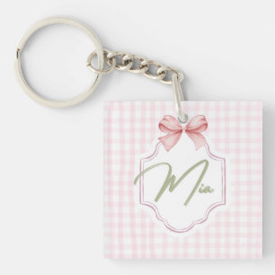 Personalized Mia Baby Girl Nursery Bow & Gingham Keychain