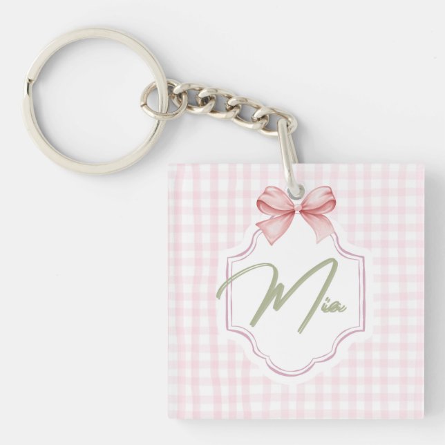 Personalized Mia Baby Girl Nursery Bow & Gingham  Keychain (Front)