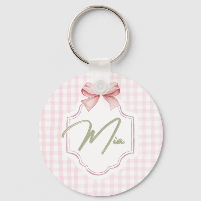 Personalized Mia Baby Girl Nursery Bow & Gingham  Keychain (Front)