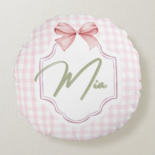 Personalized Mia Baby Girl Nursery Bow & Gingham  Round Pillow