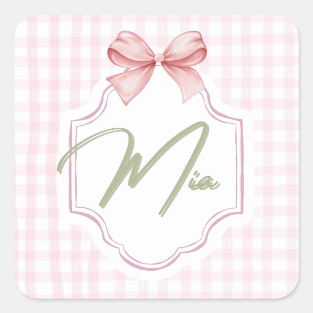 Personalized Mia Baby Girl Nursery Bow & Gingham  Square Sticker (Front)