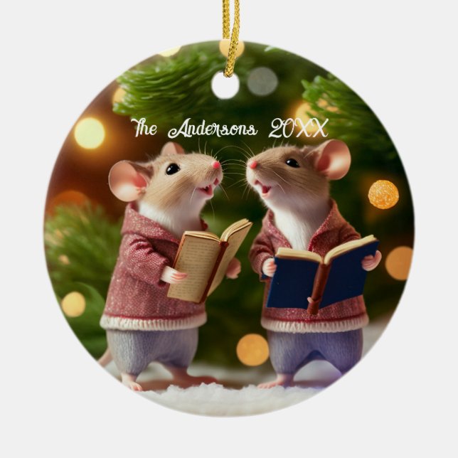 Personalized mice singing a carol ceramic ornament (Front)
