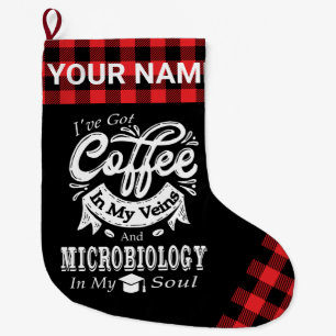 Personalized Microbiology Coffee In My Veins Plaid Large Christmas Stocking