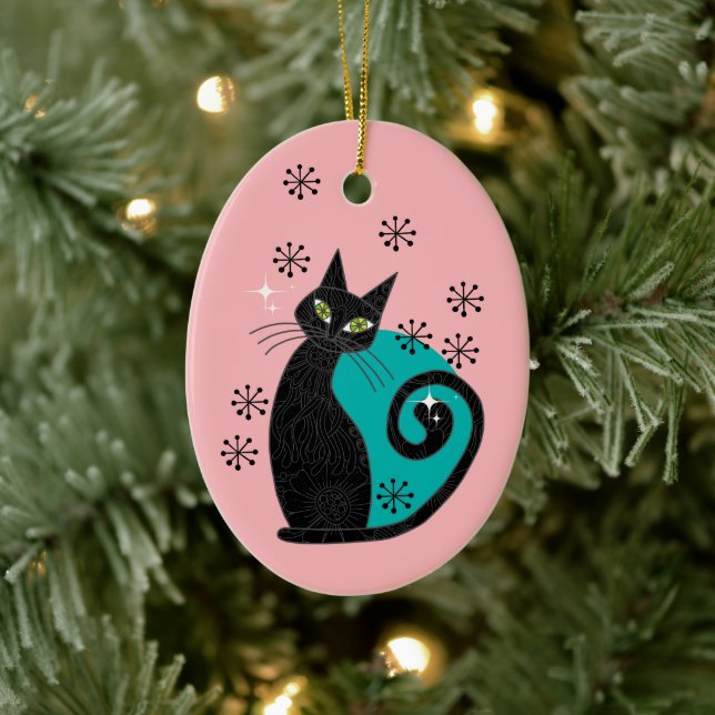Personalized Mid Century Atomic Cat Christmas Ceramic Ornament (Tree)