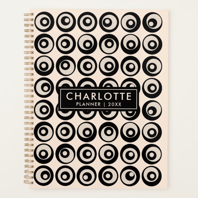 Personalized Mid Century Black And Cream Circles Planner (Front)