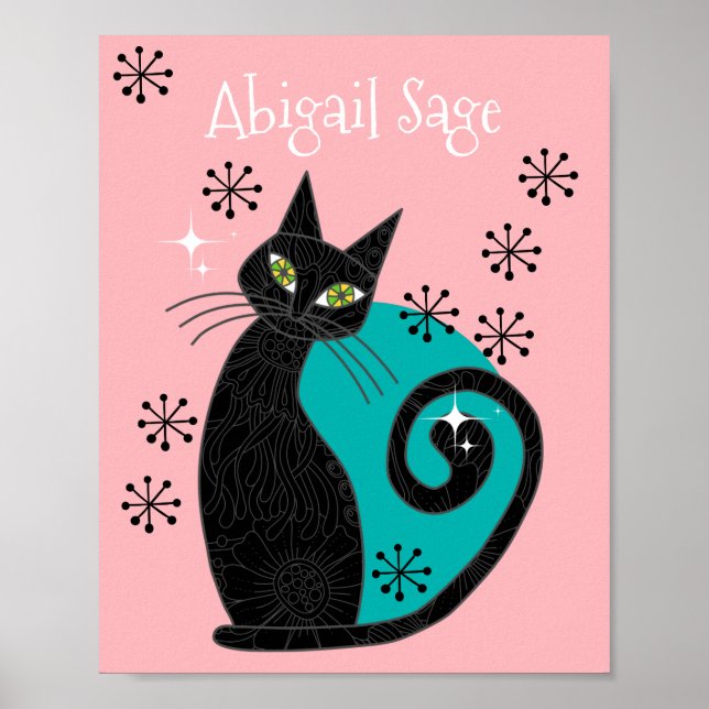 Personalized Mid Century Modern Atomic Cat Retro Poster (Front)