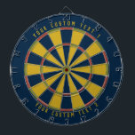 Personalized Mid-Century Mustard Green Red & Blue Dartboard<br><div class="desc">Dartboard with a mid-century colour scheme (dark blue,  red,  green and mustard yellow) with your personalized text on the top and bottom of the board. Add this to your mid-century modern home decor!</div>