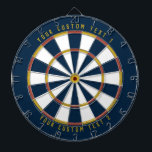Personalized Mid-Century Mustard Yellow Red & Blue Dartboard<br><div class="desc">Dartboard with a mid-century colour scheme (dark blue,  red,  and mustard yellow) with your personalized text on the top and bottom of the board. Add this to your mid-century modern home decor!</div>