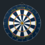 Personalized Mid-Century Mustard Yellow Red & Blue Dartboard<br><div class="desc">Dartboard with a mid-century colour scheme (dark blue,  red,  and mustard yellow) with your personalized text on the top and bottom of the board. Add this to your mid-century modern home decor!</div>