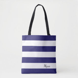 Personalized Midnight Blue and White Striped Tote Bag