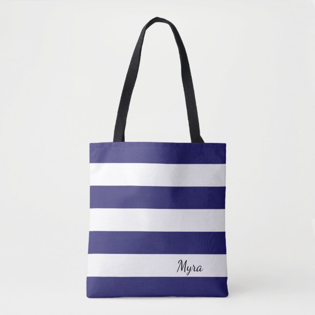 Personalized Midnight Blue and White Striped Tote Bag (Front)