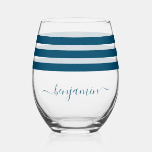 Personalized Midnight Blue Lines Stemless Wine Glass