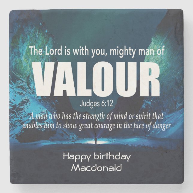Personalized MIGHTY MAN OF VALOUR Christian Stone Coaster (Front)