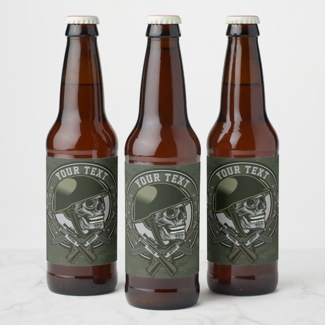 Personalized Military Camo Soldier Skull and Guns  Beer Bottle Label (Bottles)