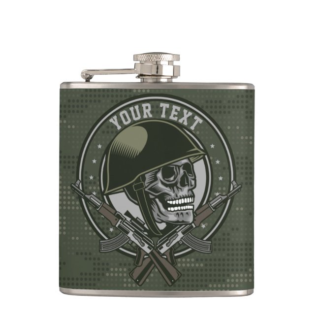 Personalized Military Camo Soldier Skull and Guns Hip Flask (Front)