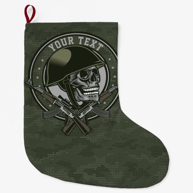 Personalized Military Camo Soldier Skull and Guns Large Christmas Stocking (Front)