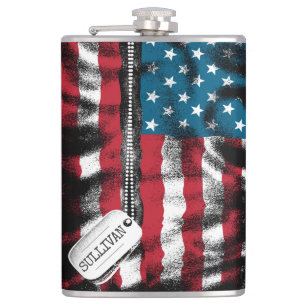 Personalized Military Soldier Dog Tags USA Flag Hip Flask