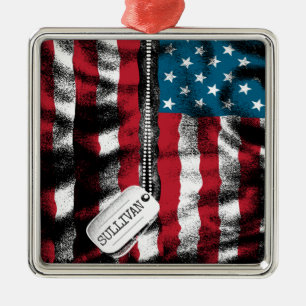 Personalized Military Soldier Dog Tags USA Flag Metal Ornament