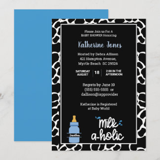 Personalized Milkaholic Cowprint Baby Boy Shower   Invitation