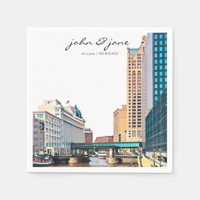 Personalized Milwaukee Skyline Cocktail Napkin (Front)