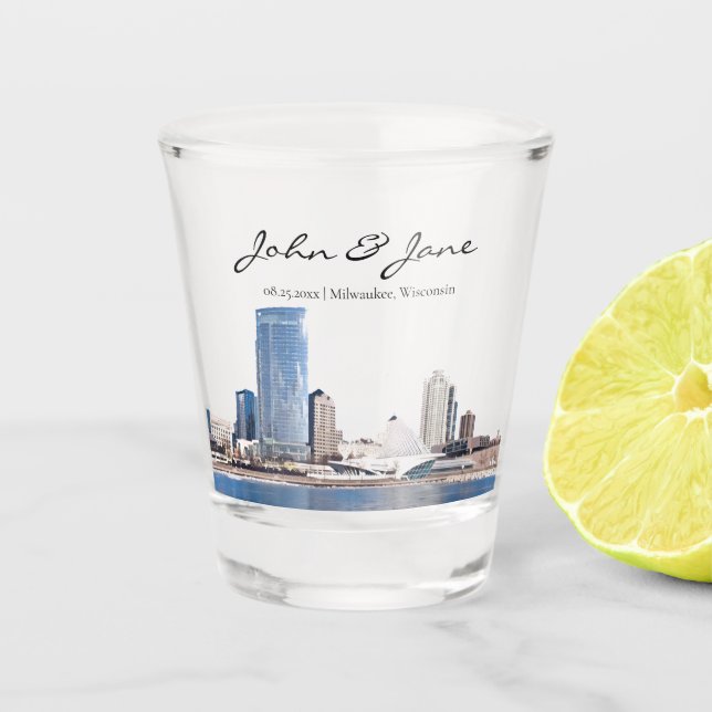 Personalized Milwaukee Skyline Shot Glass (Front)