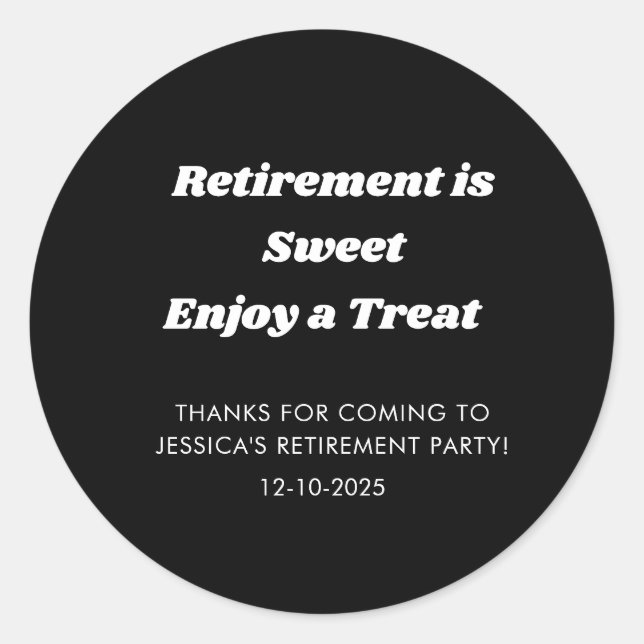Personalized Minimal Black Retirement party Favour Classic Round Sticker (Front)
