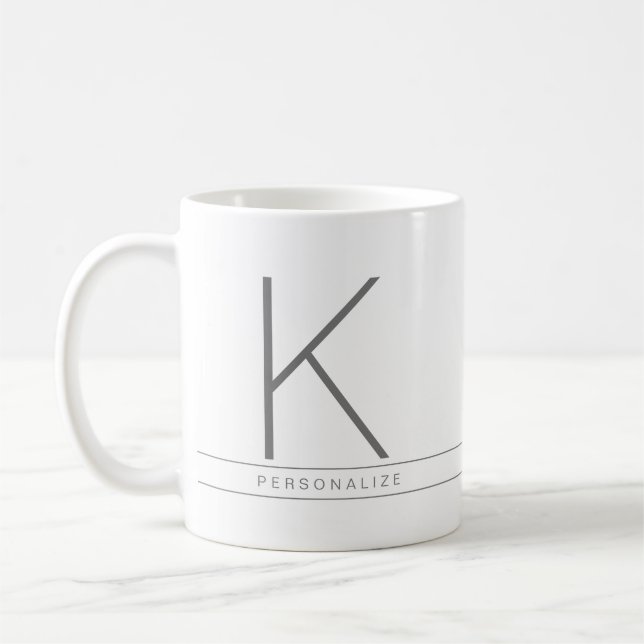 Personalized Minimal Modern Grey White Monogram Coffee Mug (Left)